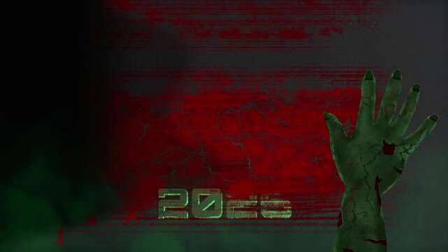 Texte "2025" en vert avec main de zombie ensanglant&eacute;e sur fond sombre, ambiance effrayante et fum&eacute;e verte, visuel pour Halloween, horreur ou &eacute;v&eacute;nement macabre avec espace n&eacute;gatif copyspace
