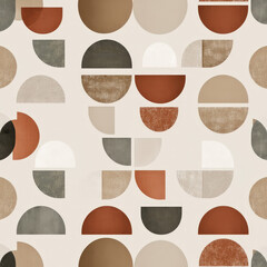 Seamless Geometric Pattern Featuring Circles and Half Moons in Earthy Tones and Textured Design
