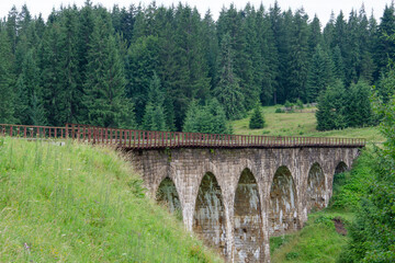 Old stone bridge. Arch bridge and railway in the forest.