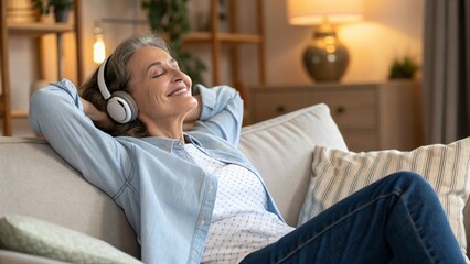 Peace of mind. Smiling tranquil mid aged woman take time to relax on comfy couch give tired legs a rest after hard work day enjoy calm serene house space listen to quiet music dream with closed eyes