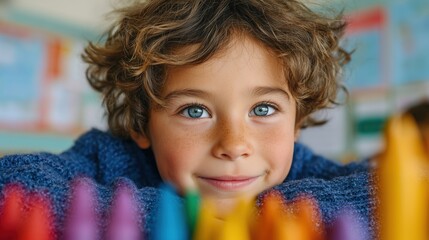 Cheerful schoolboy sitting at a desk surrounded by colorful pencils, smiling with joy during creative classroom activity, concept of early education and happy childhood learning.