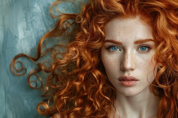 Fototapeta premium Close up portrait of a beautiful caucasian model with striking blue eyes, long, flowing red curly hair, and freckles, conveying natural beauty and confidence