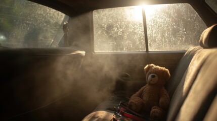 Backseat of a hot car with foggy windows and a stuffed teddy bear left behind, sunlight streaming through, creating an emotional and dramatic atmosphere.