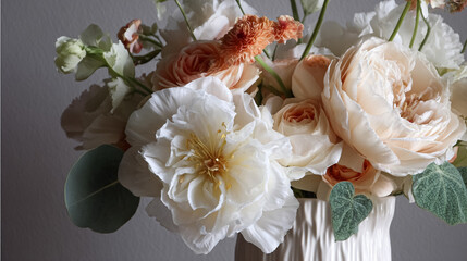 Elegant English garden bouquets in vintage vases, adorned with peonies, tulips and roses and other flowers, displayed in manor garden with dappled light and timeless floral grace