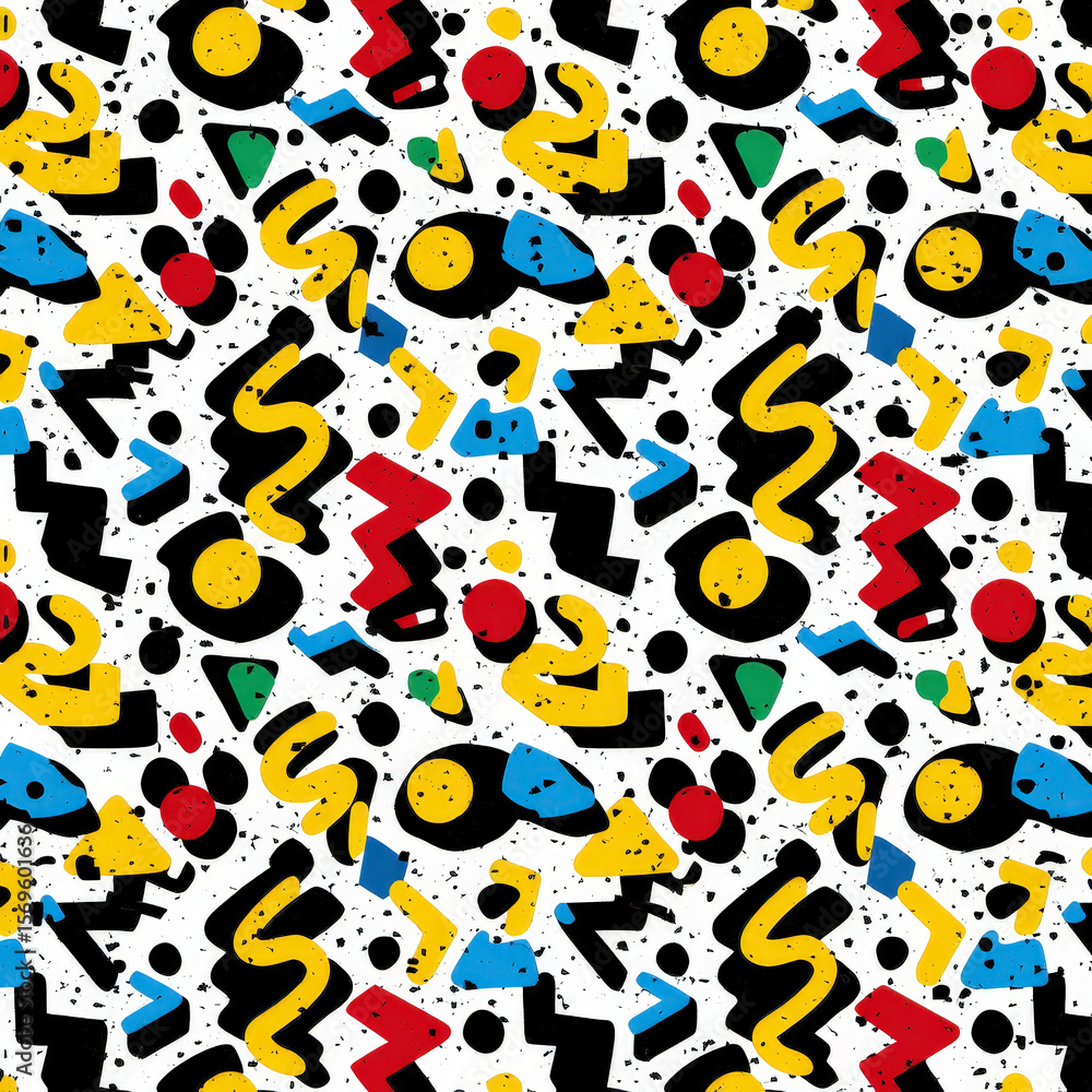 Poster colorful seamless pattern of geometric shapes and squiggles on white background for modern design pr