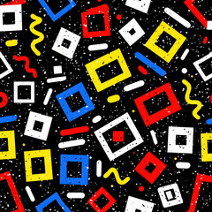 Colorful Seamless Pattern of Geometric Shapes and Squiggles on a Black Background for Creative Designs