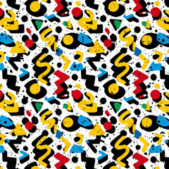Colorful Seamless Pattern of Geometric Shapes and Squiggles on White Background for Modern Design Projects