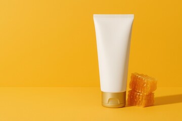White cosmetic tube with golden cap and honeycomb on warm yellow background ideal for nourishing honey skincare organic creams and moisturizing branding