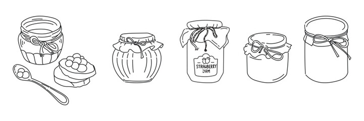 Outline jars for jam or marmalade or stickers for design scrapbook or coloring. Vintage tableware for cherry or strawberry jam. Vector illustrations with glass jar in doodle style drawn black outline.