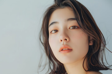 静かに見つめる日本人女性のクローズアップ