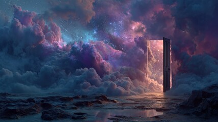 Cosmic Doorway. A mystical portal opening to a starry universe amidst vibrant clouds.