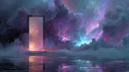 Celestial Portal. A vibrant doorway to the cosmos surrounded by colorful clouds.