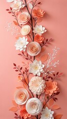 A delicate cascade of paper flowers in soft peach and white hues adorns a pastel coral background creating a beautiful floral arrangement