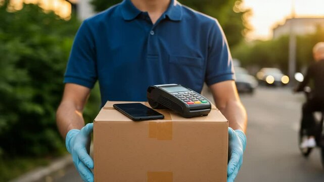 Delivery service man holding package with payment terminal