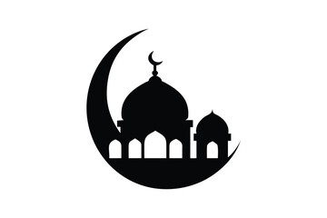 A striking black silhouette of a traditional islamic mosque with a prominent dome and minaret is artfully framed by a crescent moon symbolizing faith and culture
