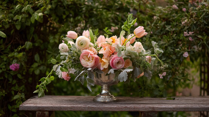 Elegant English garden bouquets in vintage vases, adorned with peonies, tulips and roses and other flowers, displayed in manor garden with dappled light and timeless floral grace