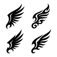 Obraz premium Tribal Wing Tattoo Icons Set — Black Flame Style Silhouette Wings, Edgy Decorative Design Collection for Fantasy, Mythical, Gothic and Tattoo Art — Transparent Background