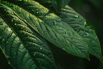 Obraz premium Vibrant green leaves glistening with water droplets, capturing the beauty of nature after a refreshing rain