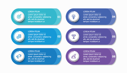 Business infographic design template with 6 options, steps or processes. Can be used for workflow layout, diagram, annual report, web design