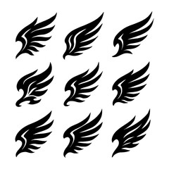 Tribal Wing Tattoo Icons Set — Black Flame Style Silhouette Wings, Edgy Decorative Design Collection for Fantasy, Mythical, Gothic and Tattoo Art — Transparent Background