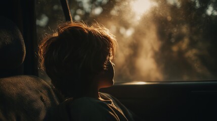 A child sitting alone in a hot car, gazing out the window into the sunlight. The warm, moody atmosphere captures vulnerability and evokes awareness of child safety in vehicles.