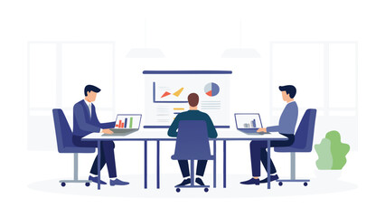 Three business people in a meeting room with laptops and a presentation screen displaying graphs and charts