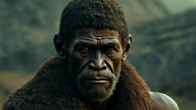Realistic portrait of a prehistoric caveman wearing animal hide