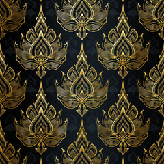 Elegant Golden Floral Motifs in a Seamless Pattern on a Dark Background for Design and Wallpaper
