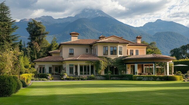 Majestic villa with manicured lawn set against a dramatic mountain backdrop