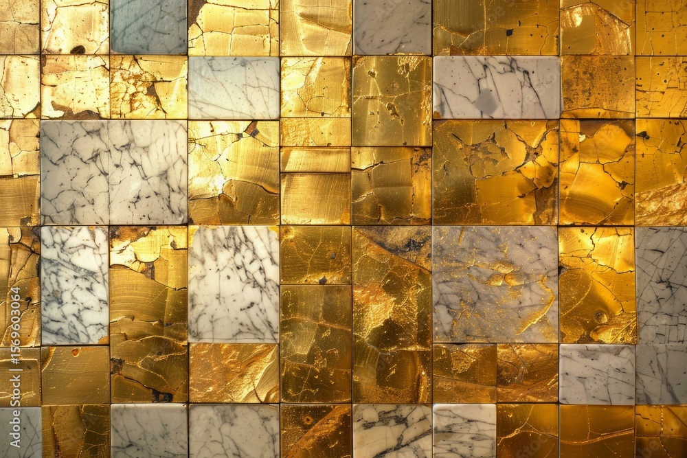 Poster luxurious checkerboard pattern created with alternating golden and white marble square tiles, adding