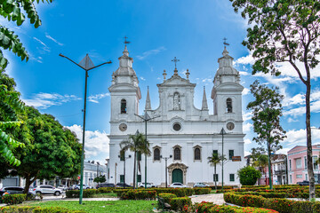 White facade of the Metropolitan Cathedral of Belem also called Se Catedral at Belem, Brazil