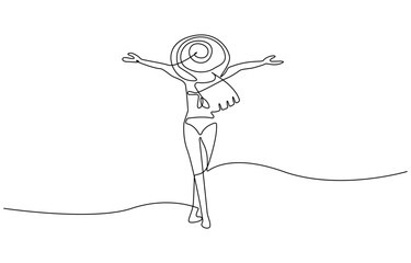 Continuous line art or one line drawing of a girl on the beach. Summer holiday happiness of carefree joyful woman,  Summer postcard with text and girl in a swimsuit, continuous single one line art.