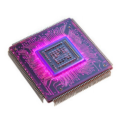 Detailed computer processor microchip with glowing pink circuits isolated on transparent background