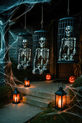 spooky halloween decoration featuring skeletons in cages, illuminated lanterns, and carved pumpkins creating an eerie atmosphere at night