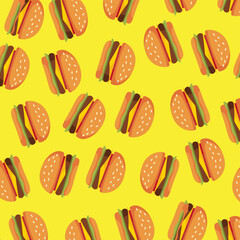 Hamburger seamless pattern. Fast food background. Simple doodle, hand drawn wallpaper.