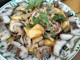 Thai Pomelo Salad with Grilled Fish, Pineapple, and Fresh Herbs, Traditional Thai Cuisine