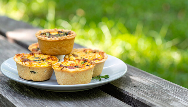 Savory mini quiches on plate on wooden picnic table. Tasty food. Delicious snack. Close-up.