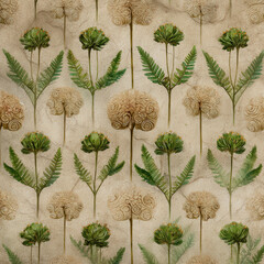Hand-Drawn Seamless Pattern of Meadow Flowers with Curved Stems and Natural Textures in Earthy Tones