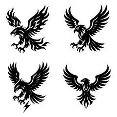 Tribal Eagle Tattoo Silhouette Set - Majestic Flying Bird of Prey Icons with Spread Wings in Bold Black Tribal Ink Style Design with Transparent Background