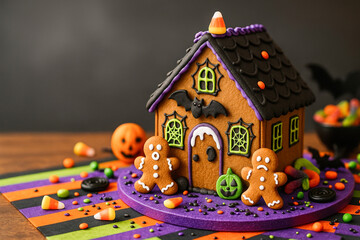 decorated gingerbread house with cute gingerbread men, halloween candy, and festive decorations on a vibrant tabletop for a fun seasonal celebration