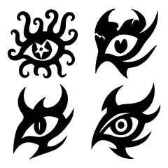 Tribal Eye Tattoo Icon Set – Black Flame-Inspired Eye Symbol Designs with Sharp Tribal Lines and Abstract Patterns – Solid Black Silhouette – Transparent Background