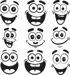 Black and white cartoon faces with expressive eyes and wide smiles expressions happy