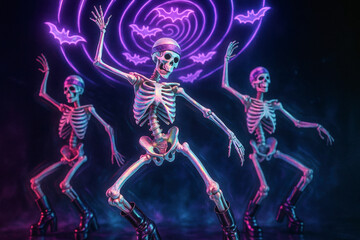 three dancing skeletons in neon lights celebrating halloween with colorful background and spooky atmosphere