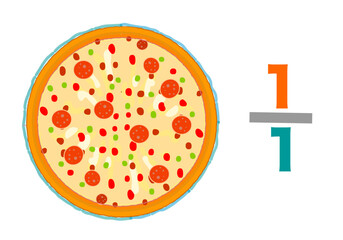 Whole, one by one, fraction pizzas slice. Entire, complete, one total, round, single, undivided Mathematic worksheet. Vector illustration	