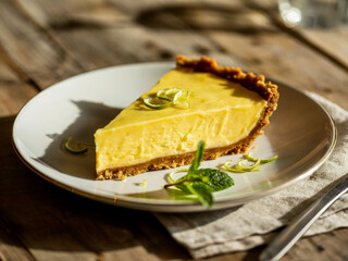 A single slice of key lime pie on a plate, garnished with lime zest and mint, set on a rustic wooden table in warm natural light