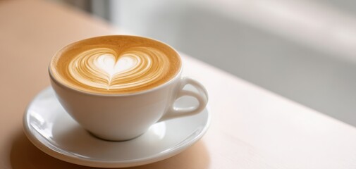 The heart-shaped latte art in a cozy coffee cup on a wooden table.