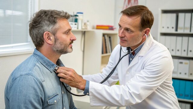 Middle-aged 40s cardiologist using stethoscope to listen to male patient heartbeat, assessing cardiac or respiratory health during medical examination in consulting room. Cardiology, professional care