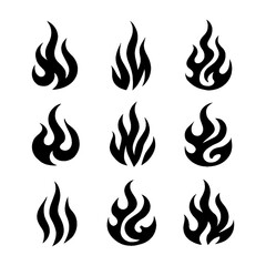 Tribal Fire Flame Tattoo Set - Edgy Abstract Black Silhouettes of Burning Flames, Symbolic Fire Elements for Design, Isolated Illustration with Transparent Background