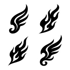 Tribal Wing Tattoo Icons Set — Black Flame Style Silhouette Wings, Edgy Decorative Design Collection for Fantasy, Mythical, Gothic and Tattoo Art — Transparent Background