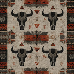 Seamless Pattern of Horned Skulls with Southwest Border and Rustic Texture in Earthy Tones